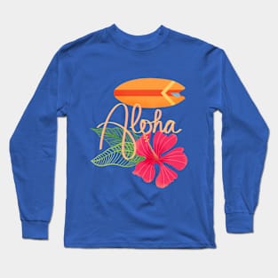 Aloha Tropical Hand Lettering with Surfboard and Hibiscus Long Sleeve T-Shirt